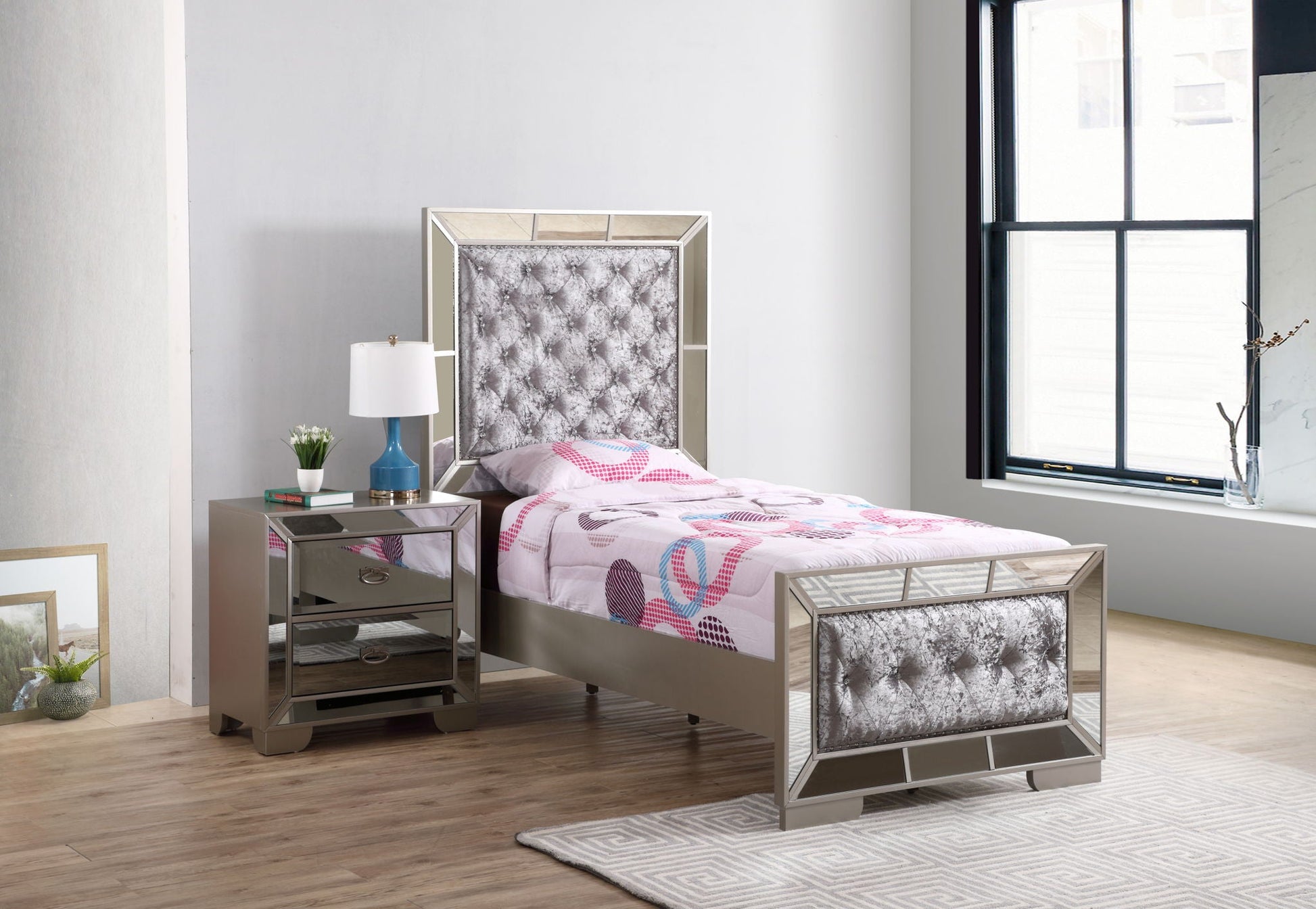 Contemporary Panel Bed by HouseOfZazla with tufted gray headboard and mirrored frame on Tampa Home & Garden Store