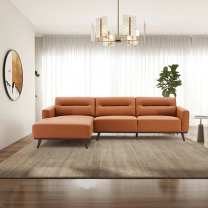 Ella L-Shaped Sectional Couch tan leather with chaise, stationary sofa on dark tapered legs on Tampa Home & Garden Store