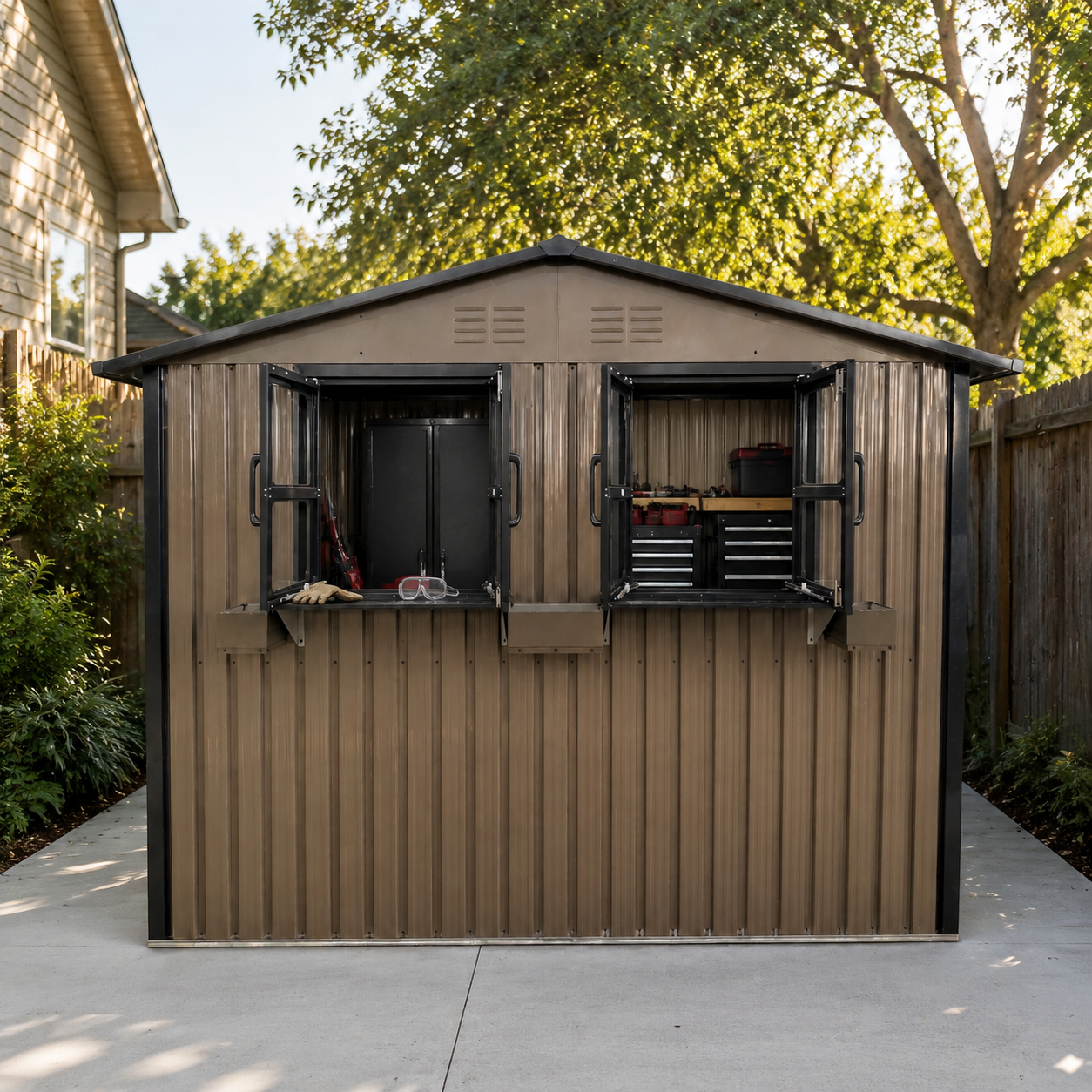 Outdoor Metal Storage Shed with Window and Rack