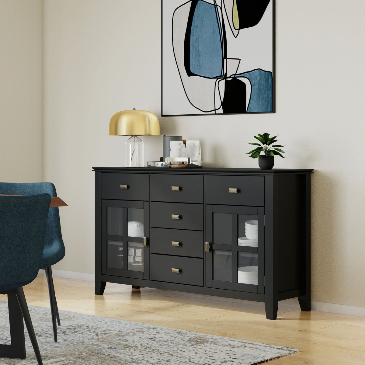 Solid wood sideboard with glass-front storage, dark finish, brass hardware on Tampa Home & Garden Store