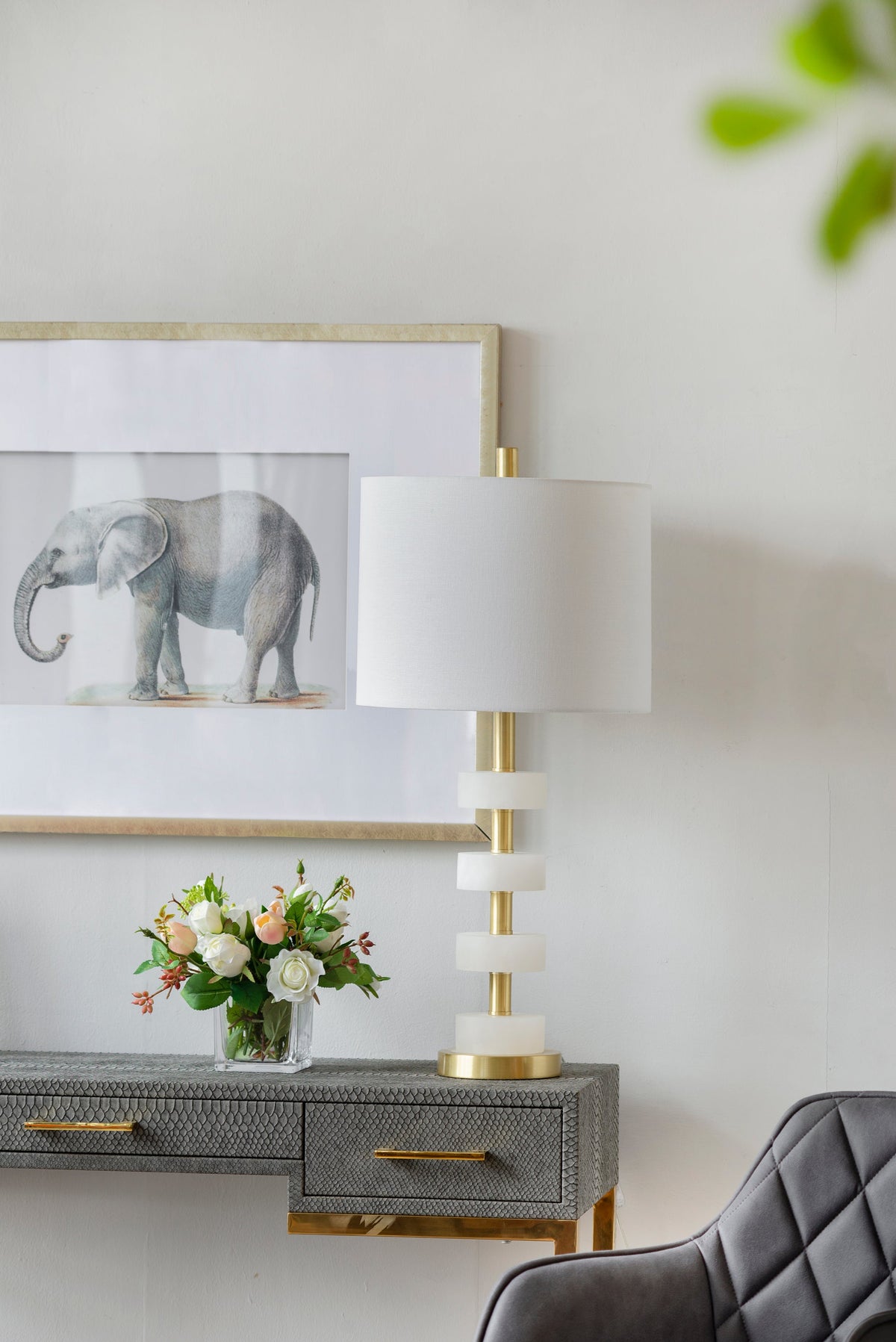 13x13x26 Marble Table Lamp HouseOfZazla with white marble discs, brass base and white shade on Tampa Home & Garden Store