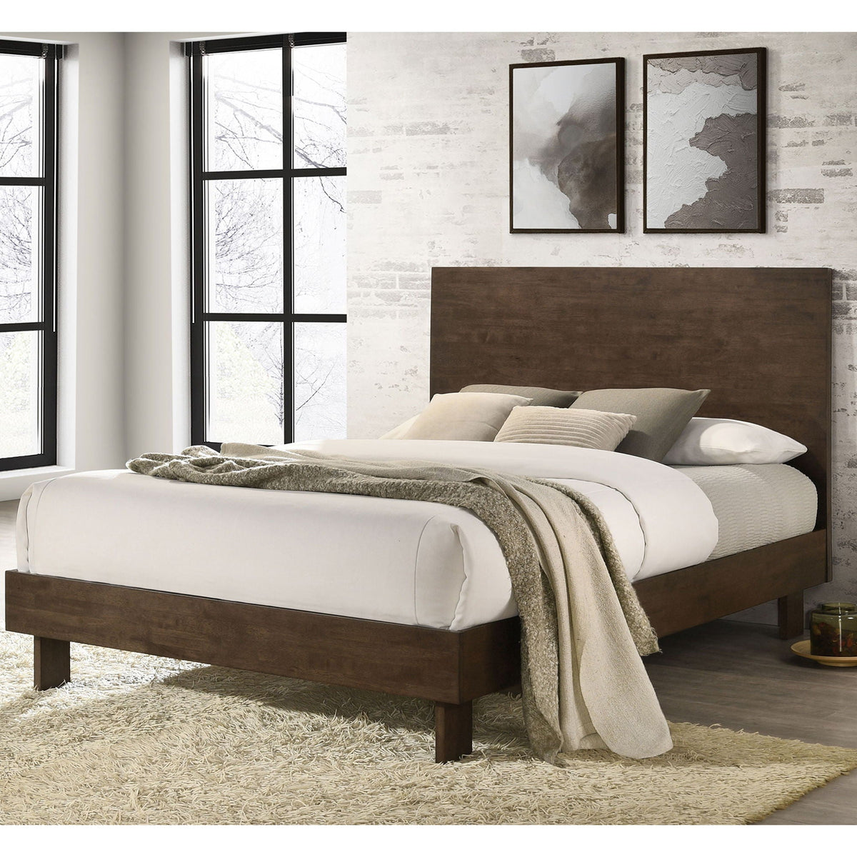 Hemlock platform bed with tall headboard in dark wood finish, white bedding and beige throw in a modern bedroom on Tampa Home & Garden Store