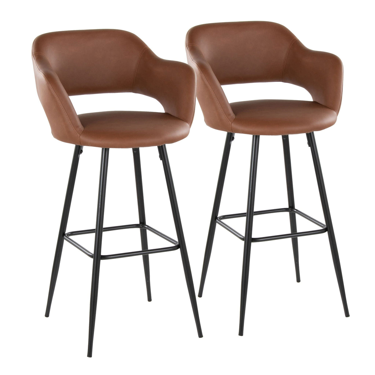 Pair of brown faux leather barstools with curved backs, square footrests, and black metal legs on Tampa Home & Garden Store
