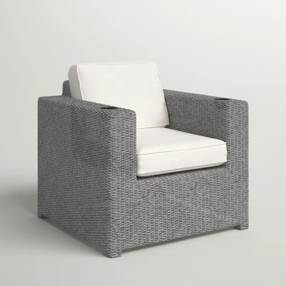 Elegant gray wicker patio arm chair with white cushions, weather-resistant construction on Tampa Home & Garden Store