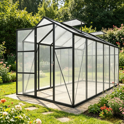 Windproof greenhouse with raised base, black metal frame, and polycarbonate panels on Tampa Home & Garden Store