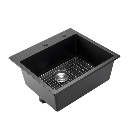25 Inch granite top-mount single-bowl sink HouseOfZazla dark gray with stainless grid on Tampa Home & Garden Store