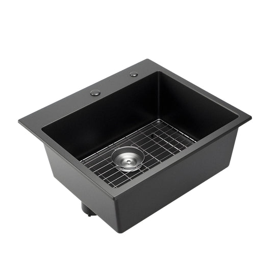 25 Inch granite top-mount single-bowl sink HouseOfZazla dark gray with stainless grid on Tampa Home & Garden Store