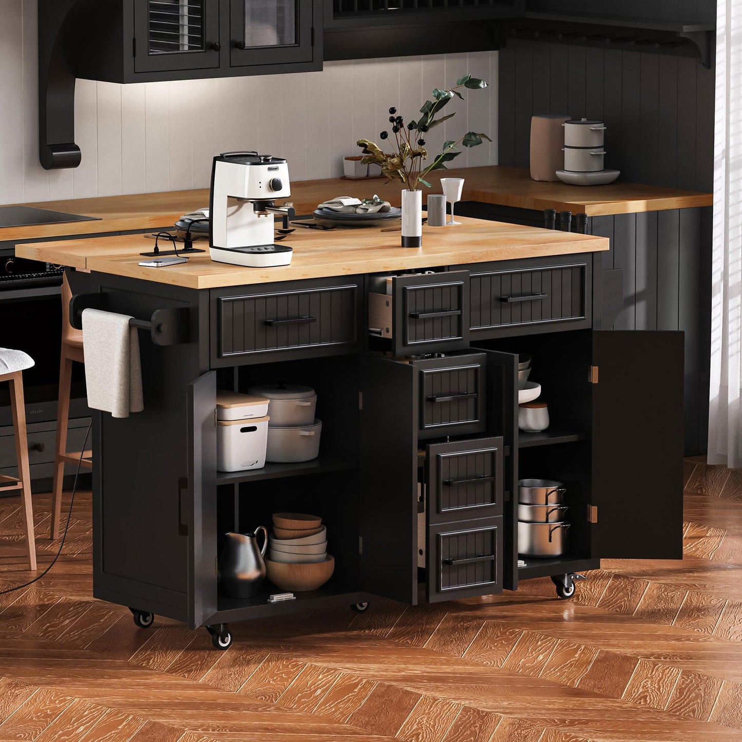 K&K 56.5'' Kitchen Island with Drop Leaf and Power Outlet, black base, wood countertop on Tampa Home & Garden Store