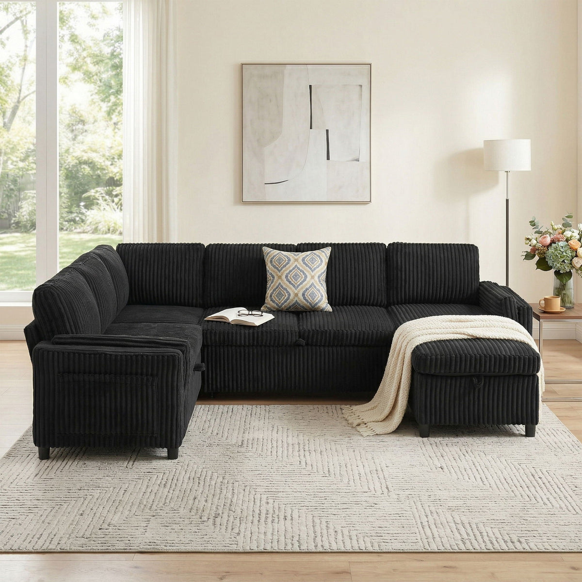 Convertible U-shaped black corduroy sectional sofa with chaise, USB ports and storage on Tampa Home & Garden Store
