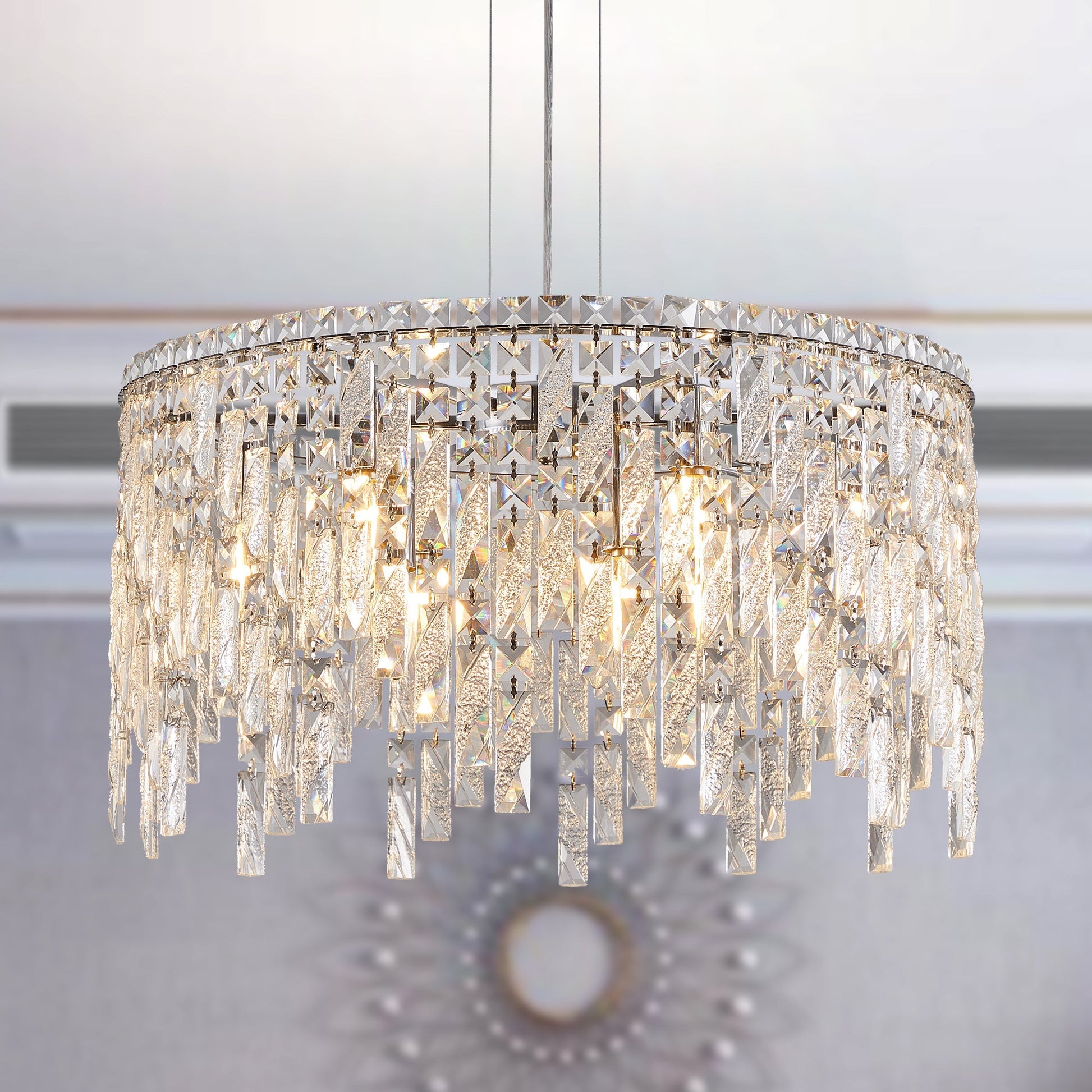 24in luxurious round silver crystal chandelier HouseOfZazla with prisms, suspended by cables on Tampa Home & Garden Store