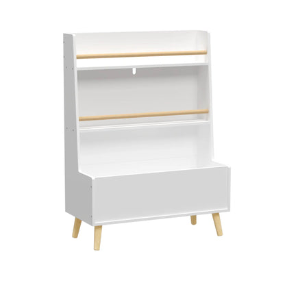 Bookshelf with toy storage, white finish, natural wood dowel rods, slim legs on Tampa Home & Garden Store