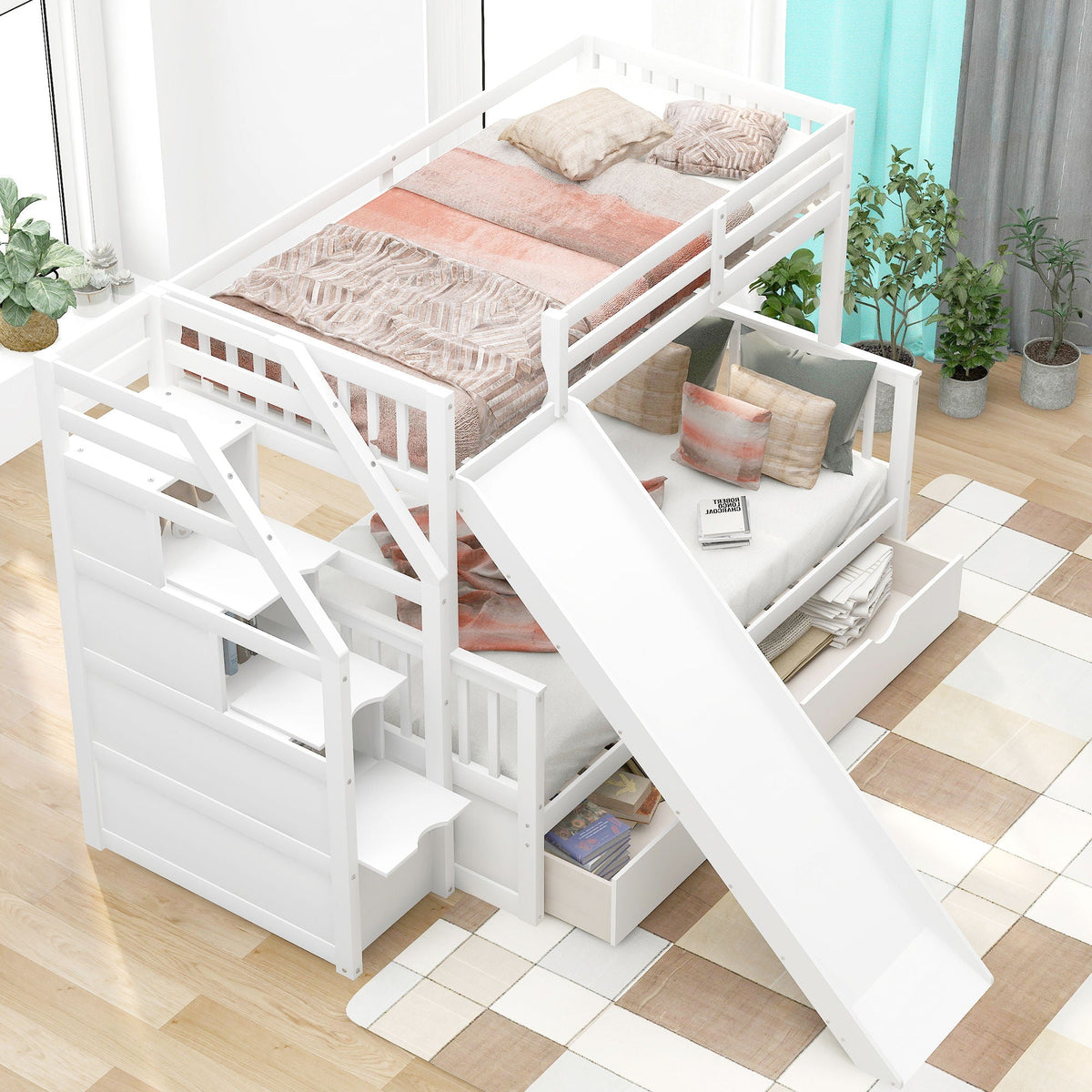 White bunk bed with storage staircase, slide, desk, drawers and shelves by HouseOfZazla on Tampa Home & Garden Store