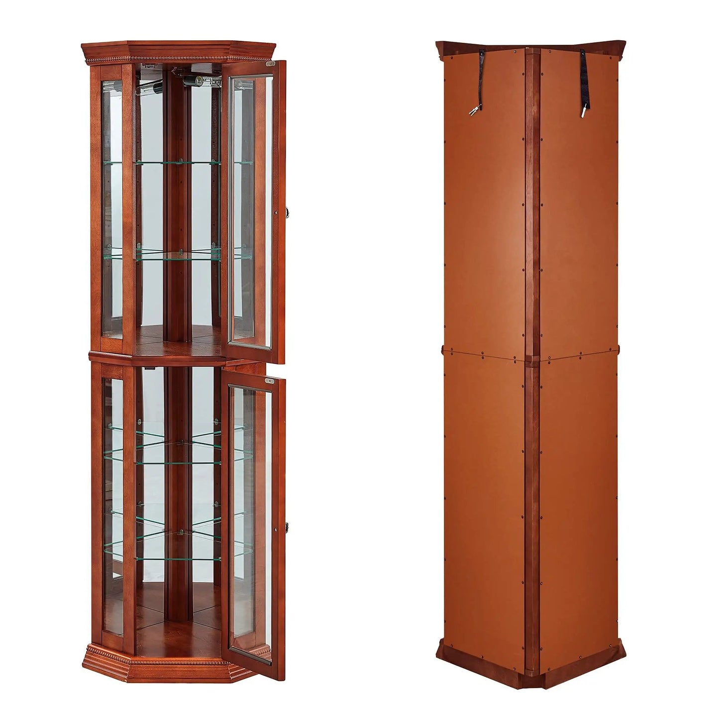 Corner curio cabinet with lights, adjustable tempered glass shelves, mirrored back on Tampa Home & Garden Store