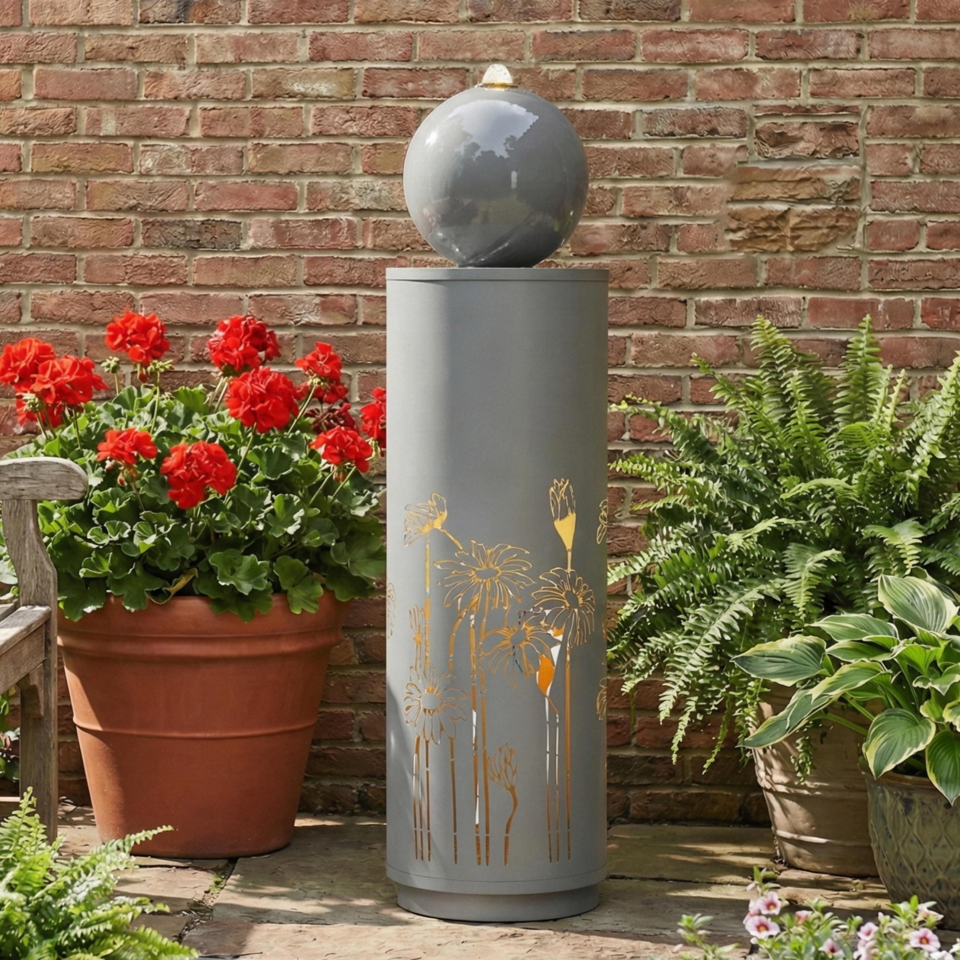 34.25'H light gray metal cutout outdoor fountain with LED lights by HouseOfZazla, gray sphere atop a cylindrical pedestal with gold floral cutouts on Tampa Home & Garden Store