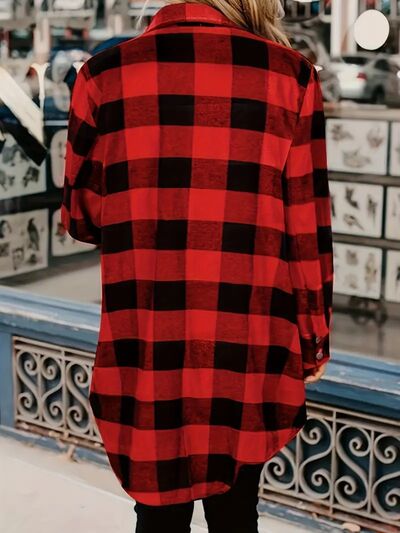 Deep red plaid collared long sleeve jacket seen from the back with pockets on Tampa Home & Garden Store