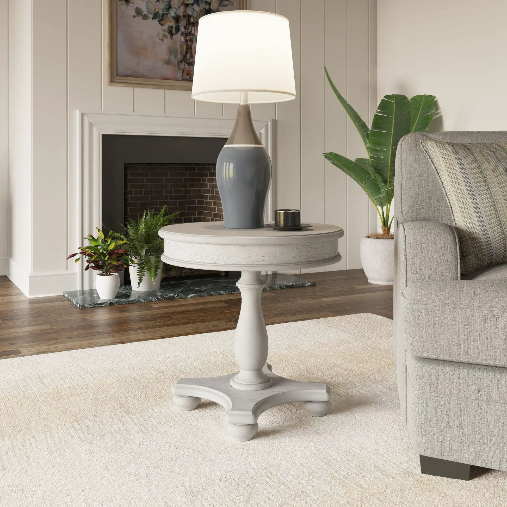 Round End Table Gray by Unique Piece Furniture with pedestal base and lamp on top on Tampa Home & Garden Store