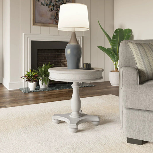 Round End Table Gray by Unique Piece Furniture with pedestal base and lamp on top on Tampa Home & Garden Store