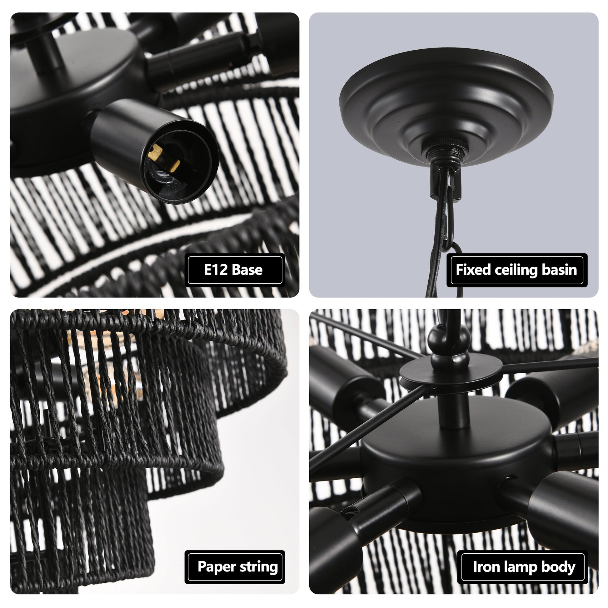 HouseOfZazla 24' Rustic 5-Tier Black Hemp Rope Pendant Light with iron body; E12 base, 4 parts on Tampa Home & Garden Store