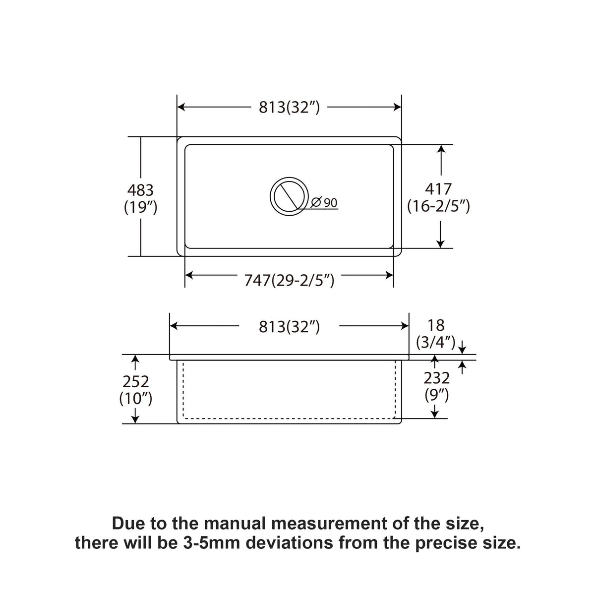 Rectangular deep single bowl undermount kitchen sink; 813(32)mm x 747(29-2/5)mm Ø90 on Tampa Home & Garden Store