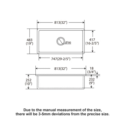 Rectangular deep single bowl undermount kitchen sink; 813(32)mm x 747(29-2/5)mm Ø90 on Tampa Home & Garden Store