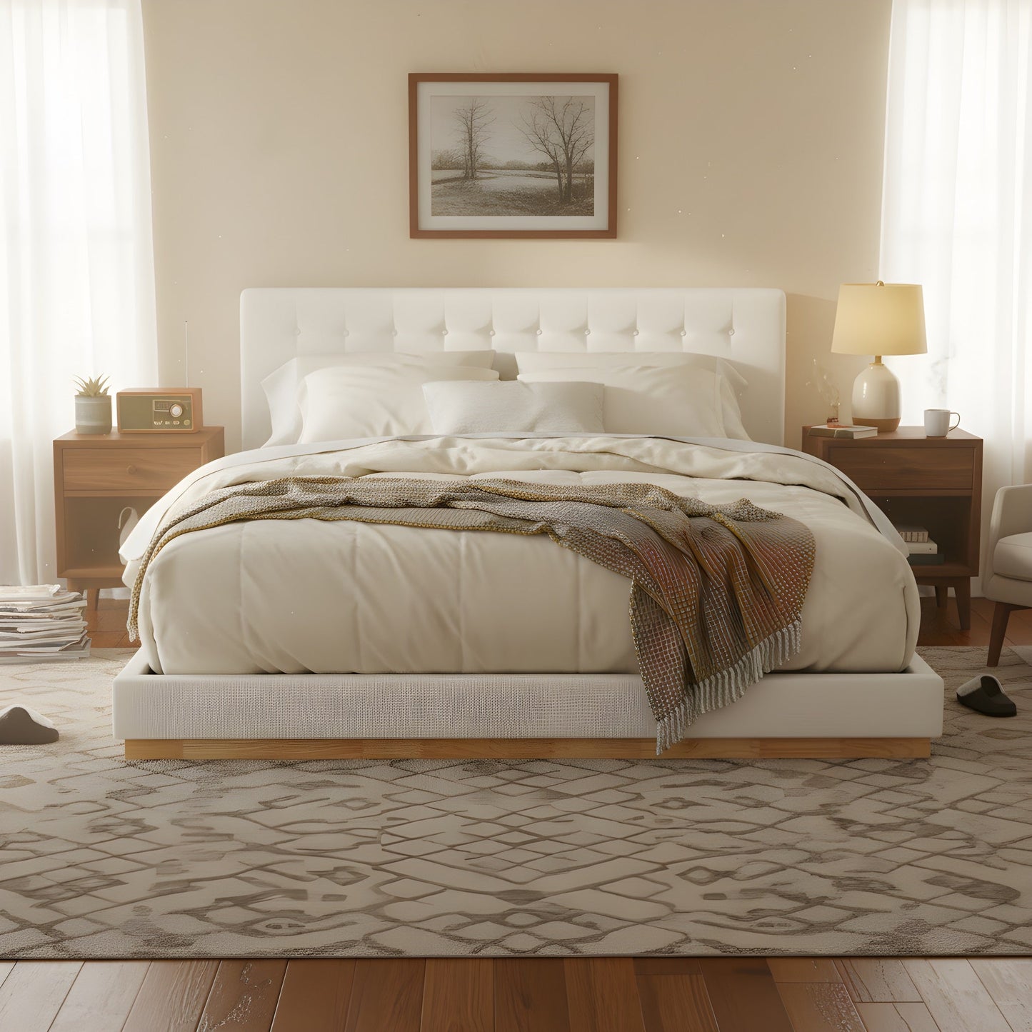 HouseOfZazla solid rubber wood platform bed with white upholstered tufted headboard and wood base on Tampa Home & Garden Store