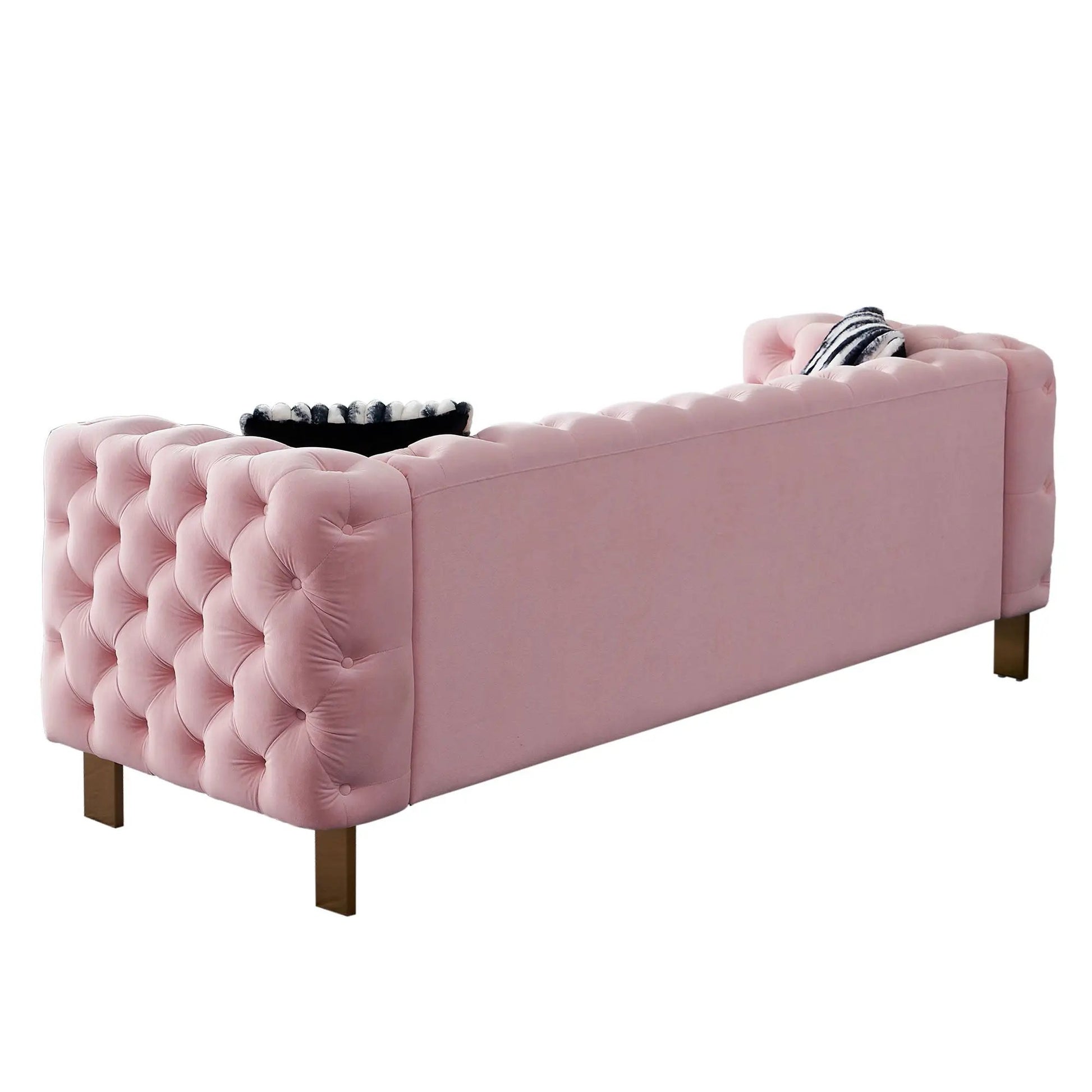 Chesterfield modern tufted sofa in blush pink velvet, 84.25 inch wide, wooden legs on Tampa Home & Garden Store