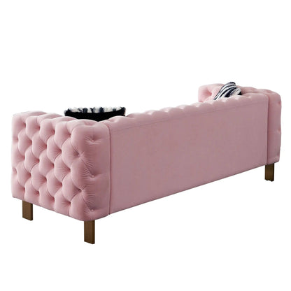 Chesterfield modern tufted sofa in blush pink velvet, 84.25 inch wide, wooden legs on Tampa Home & Garden Store