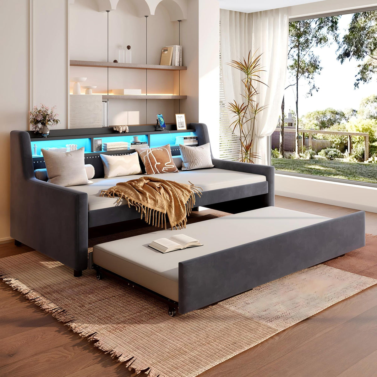 Twin size daybed with trundle in dark gray with LED lighting and storage by HouseOfZazla on Tampa Home & Garden Store