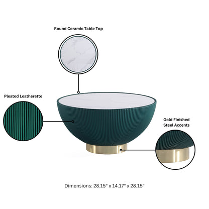 Anderson Round Coffee Table with Sintered Stone Top teal leatherette base gold accents on Tampa Home & Garden Store