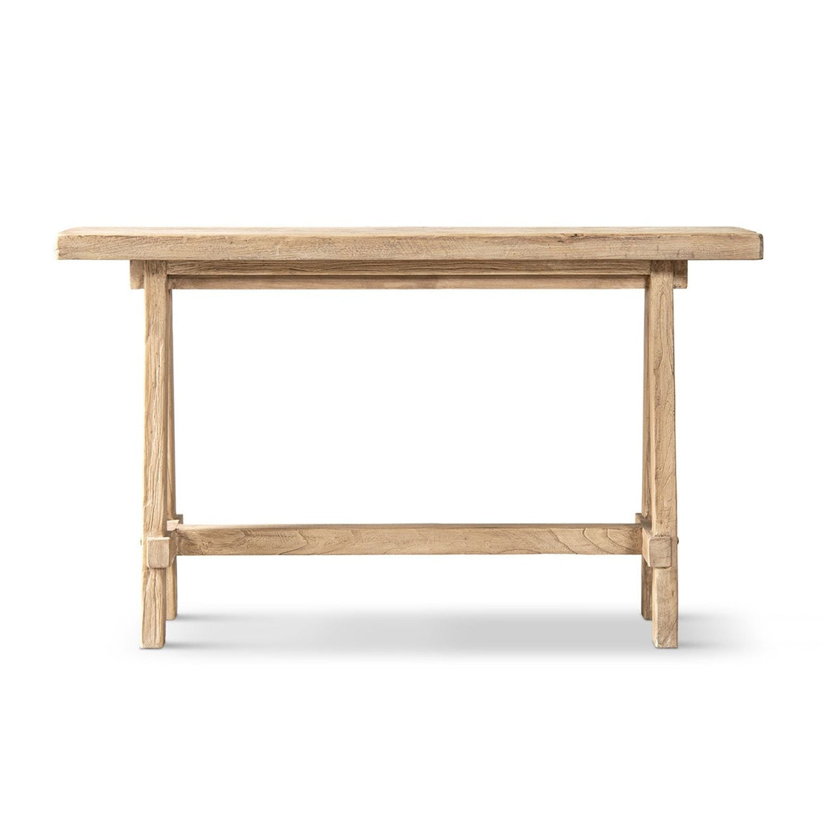 Trestle coffee table in solid reclaimed elm with a light brown finish on Tampa Home & Garden Store