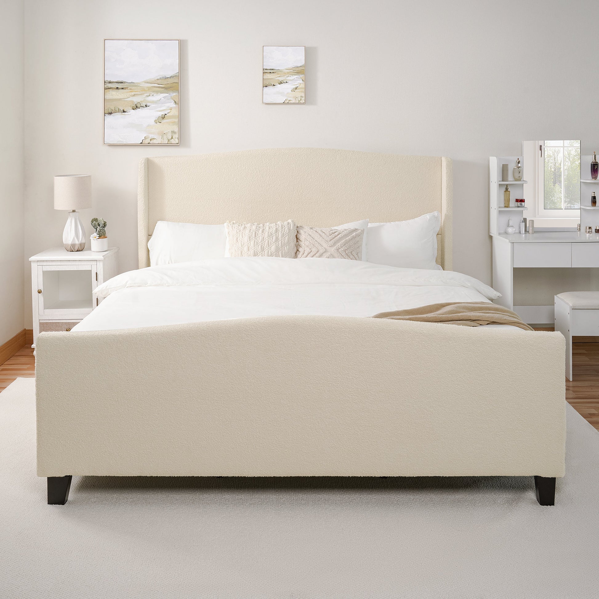 King size bed frame with beige teddy velvet upholstered headboard by HouseOfZazla on Tampa Home & Garden Store