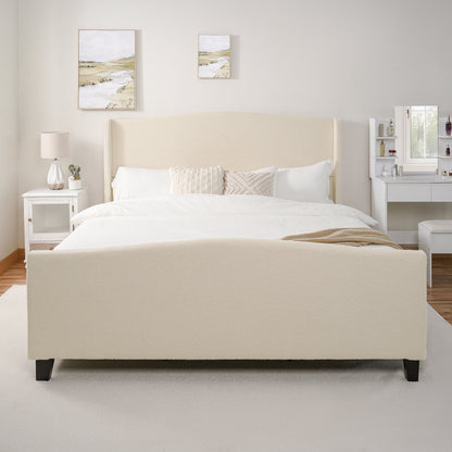 King size bed frame with beige teddy velvet upholstered headboard by HouseOfZazla on Tampa Home & Garden Store