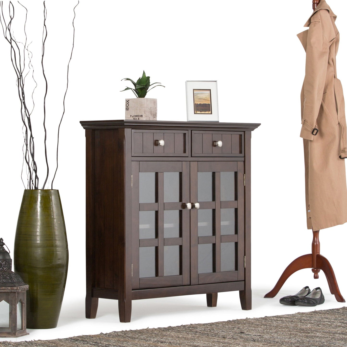 Acadian entryway storage cabinet brunette brown with glass doors and 2 drawers HouseOfZazla on Tampa Home & Garden Store