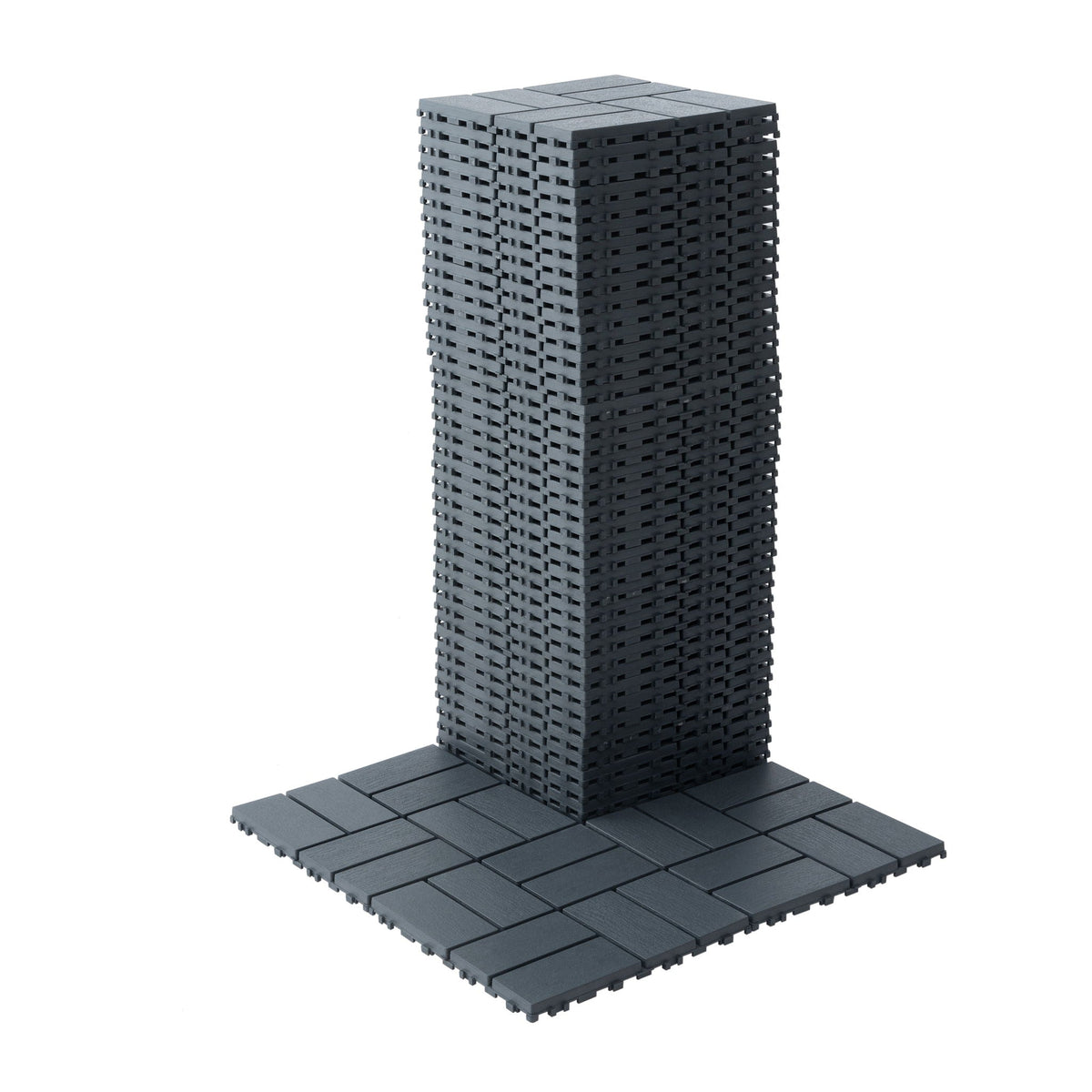 Interlocking deck tiles 44-pack in dark gray, easy-install modular system; stacked and arranged on Tampa Home & Garden Store