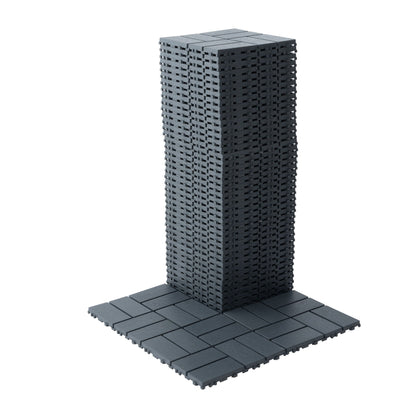 Interlocking deck tiles 44-pack in dark gray, easy-install modular system; stacked and arranged on Tampa Home & Garden Store