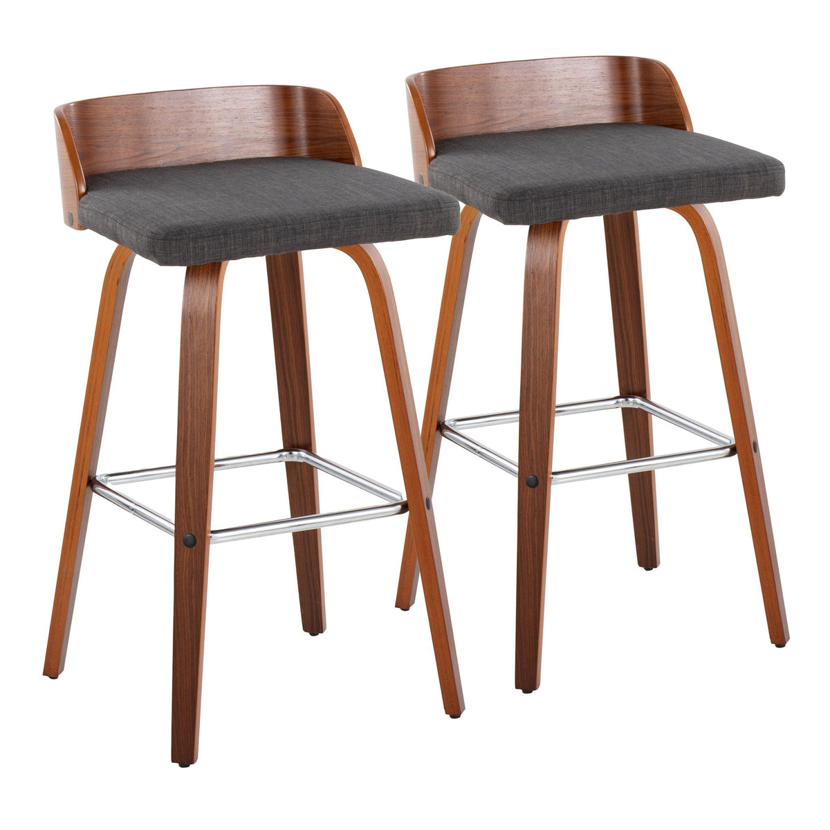 Maya barstool set of 2 with dark gray cushions, wood backs, swivel, chrome footrests on Tampa Home & Garden Store