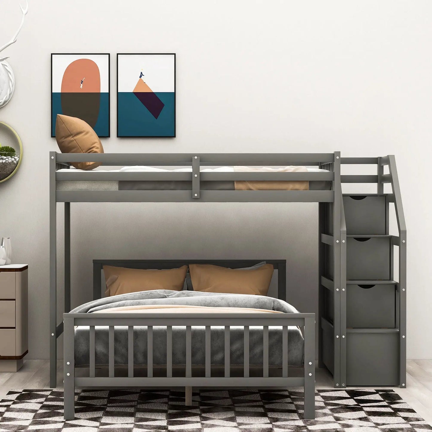 Loft Bed with Staircase and Storage Grids