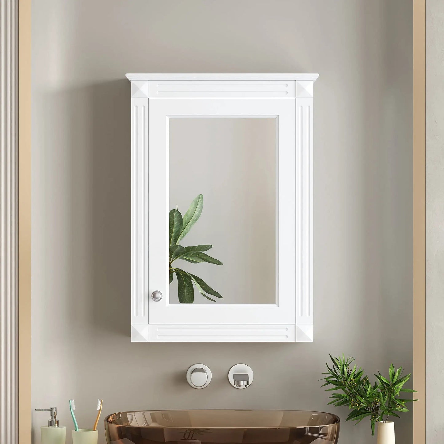 Wall mounted white medicine cabinet with mirrored door and fluted sides on Tampa Home & Garden Store