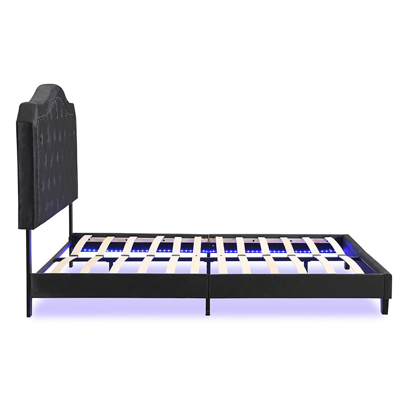 Queen Upholstered Bed with curve-design tufted headboard, black frame, HouseOfZazla on Tampa Home & Garden Store