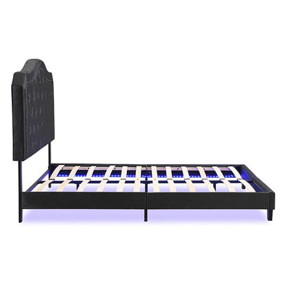 Queen Upholstered Bed with curve-design tufted headboard, black frame, HouseOfZazla on Tampa Home & Garden Store