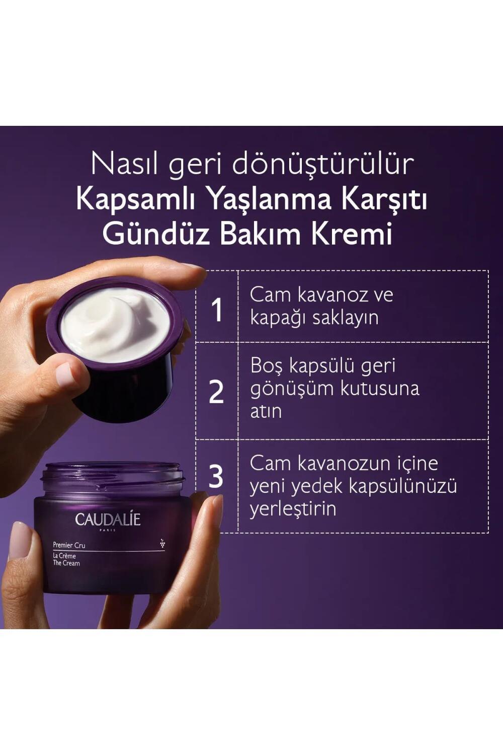 Caudalie Premier Cru face cream refill capsule in purple jar with open cap on Tampa Home & Garden Store