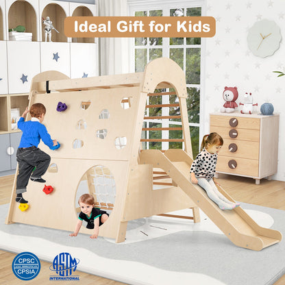 8-in-1 indoor wooden jungle gym with natural finish, climbing wall and slide; 4 kids playing on Tampa Home & Garden Store