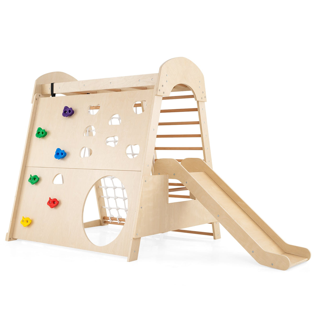 DirectDeals 8-in-1 indoor natural wood jungle gym with climbing wall and colorful grips on Tampa Home & Garden Store