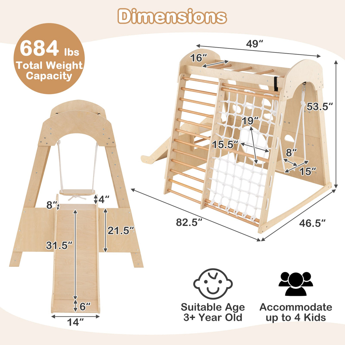 8-in-1 indoor jungle gym wooden playground with swing and climbing wall natural wood DirectDeals on Tampa Home & Garden Store