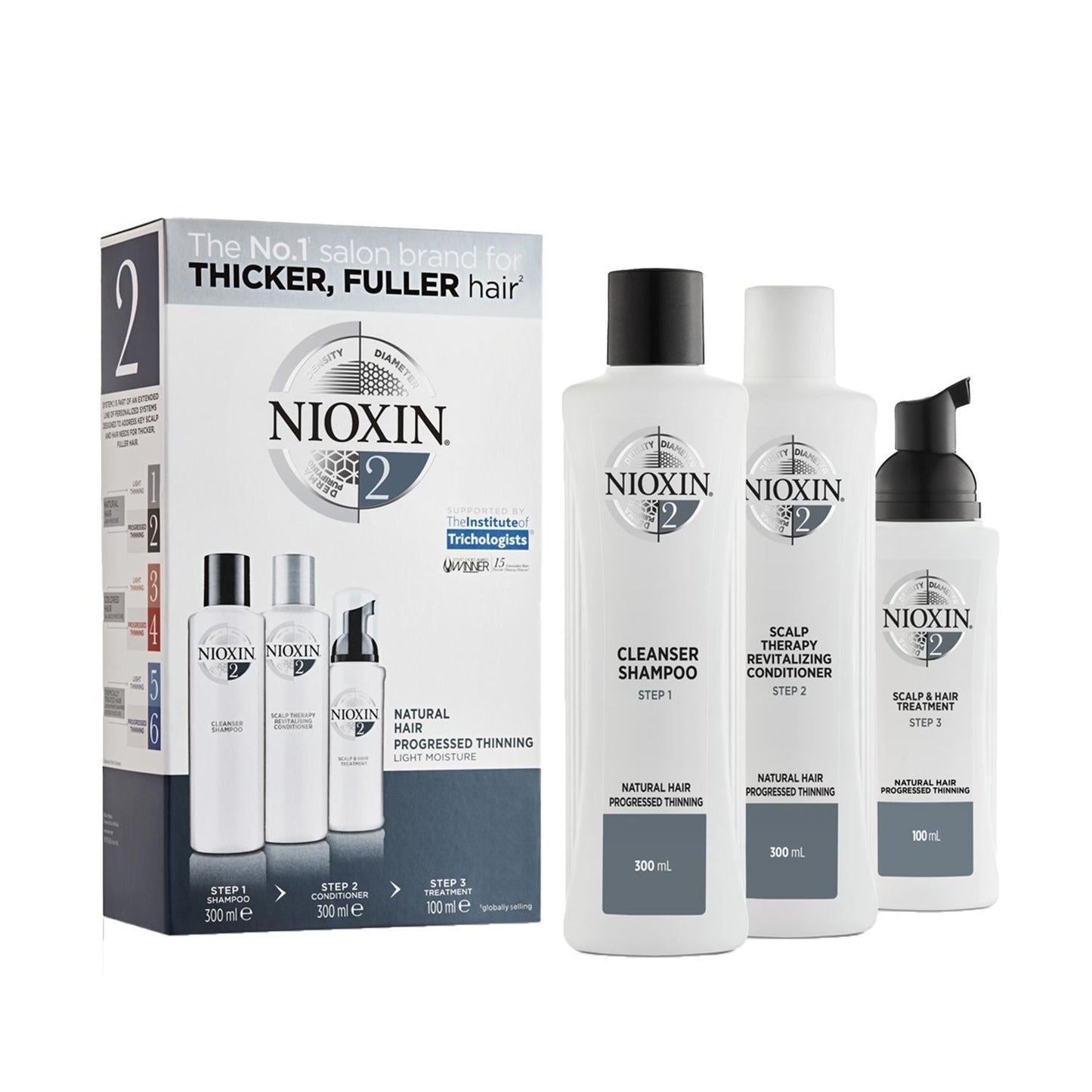 Nioxin No.2 hair care set with white shampoo, conditioner and treatment bottles on Tampa Home & Garden Store