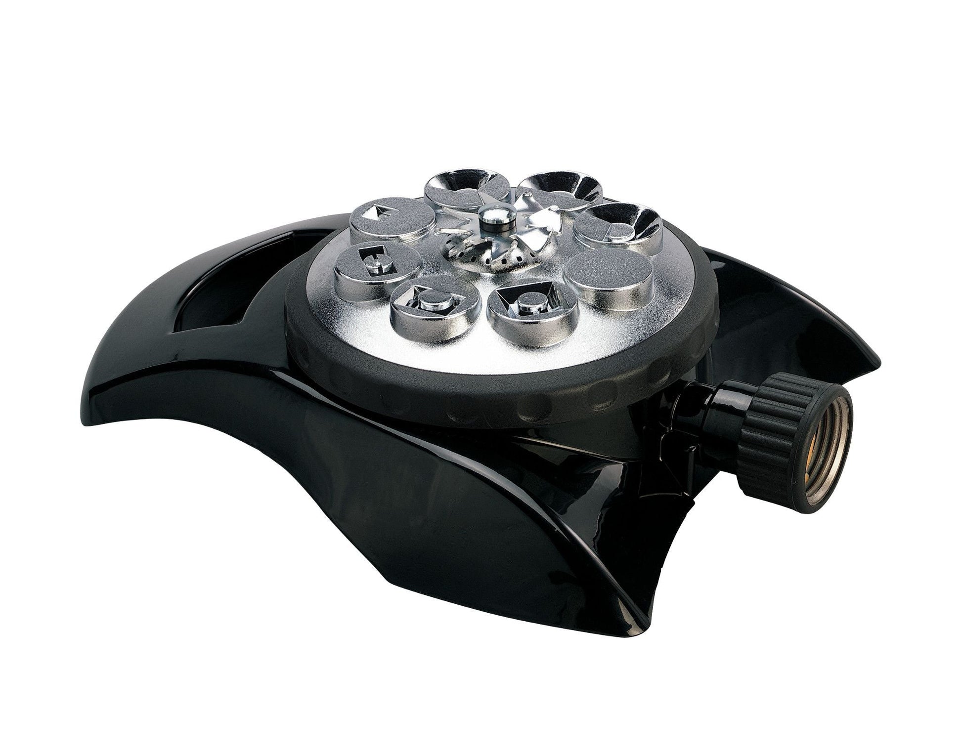 Orbit 8-Pattern Aluminum Turret Sprinkler Hose End eight nozzles black body on Tampa Home & Garden Store