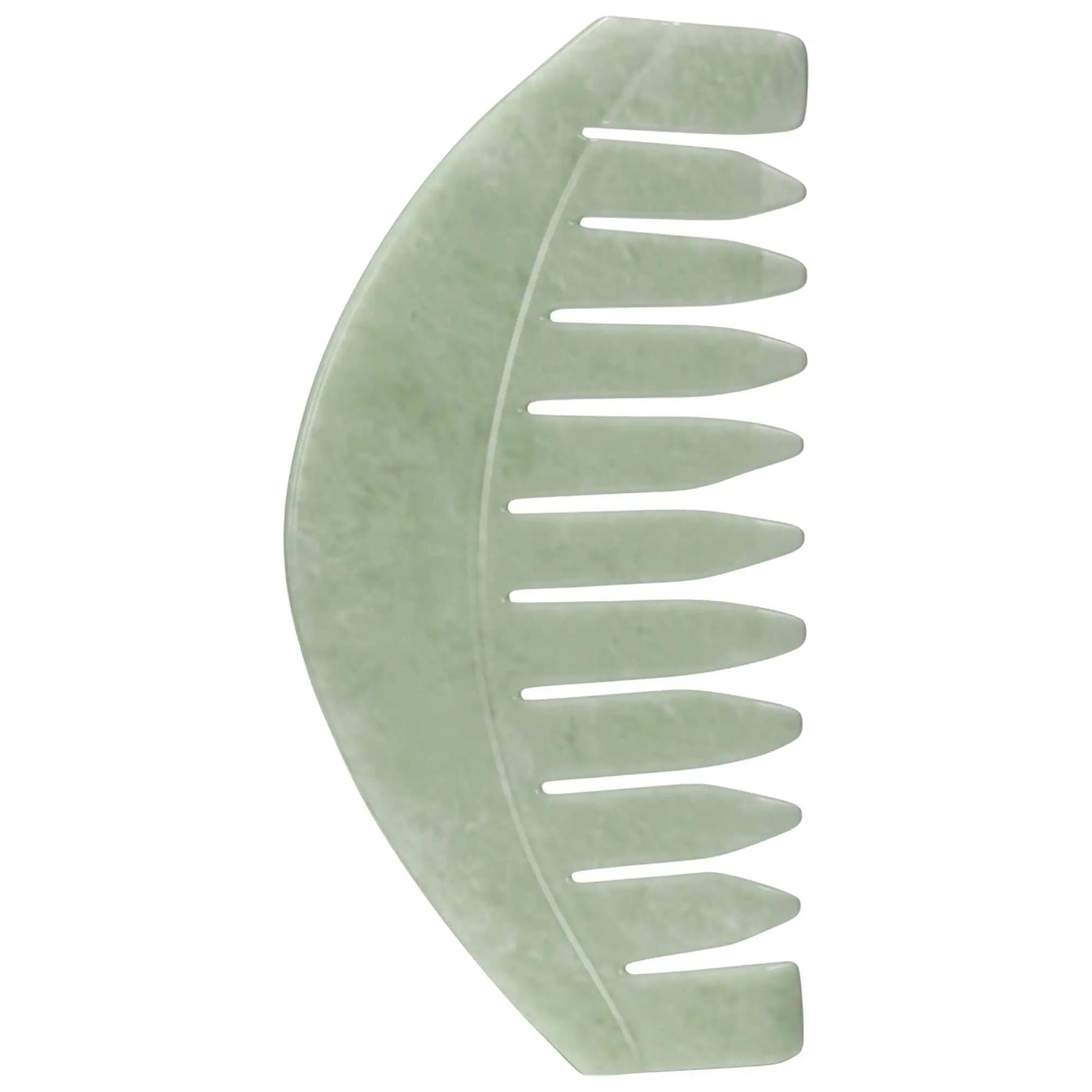 Jade scalp gua sha tool with curved leaf shape and notched teeth on Tampa Home & Garden Store