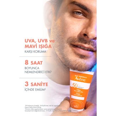Avène SPF50+ sunscreen tube in orange packaging held by a man; water-resistant on Tampa Home & Garden Store