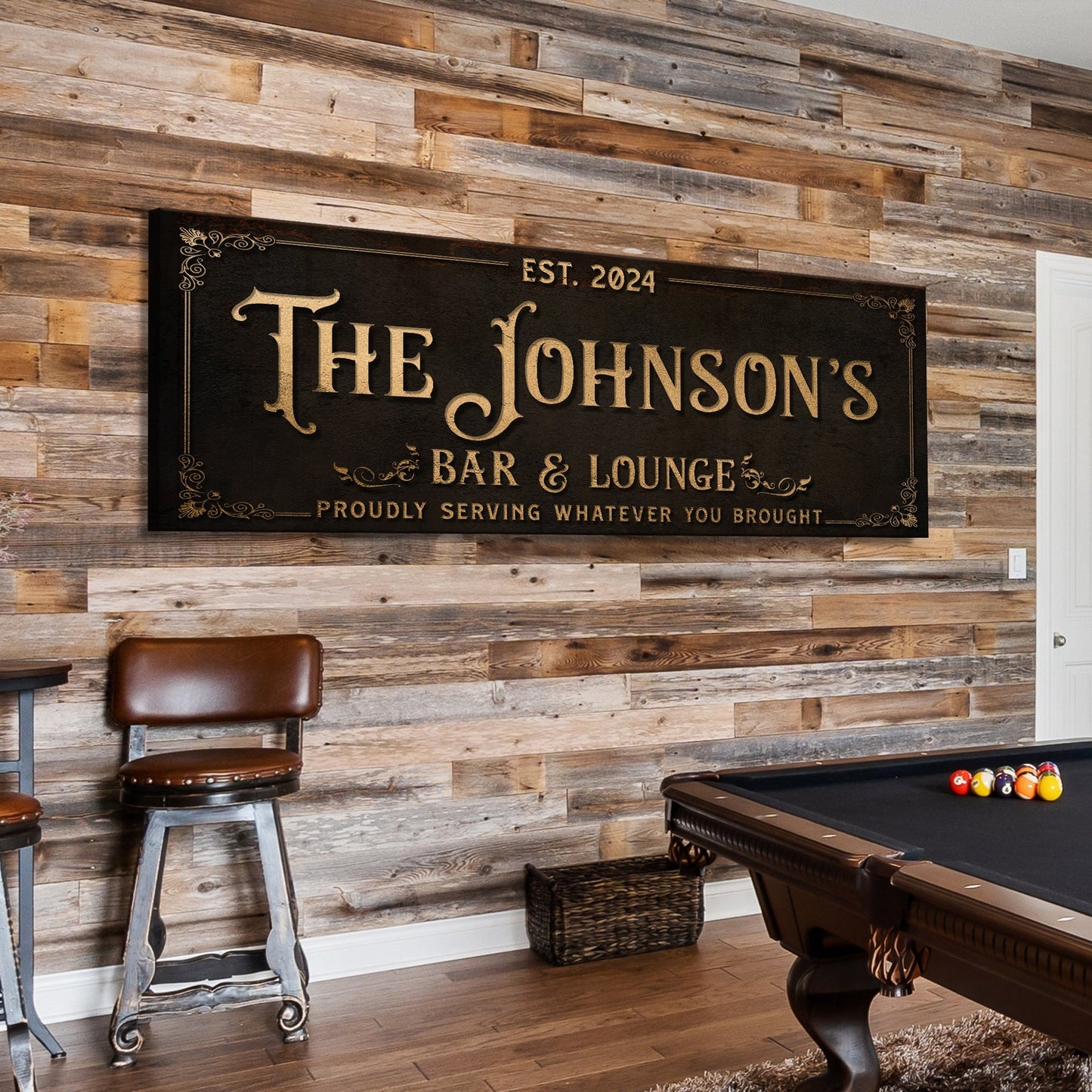 Custom Bar & Lounge Sign III canvas in black with gold lettering by Tailored Canvases on Tampa Home & Garden Store