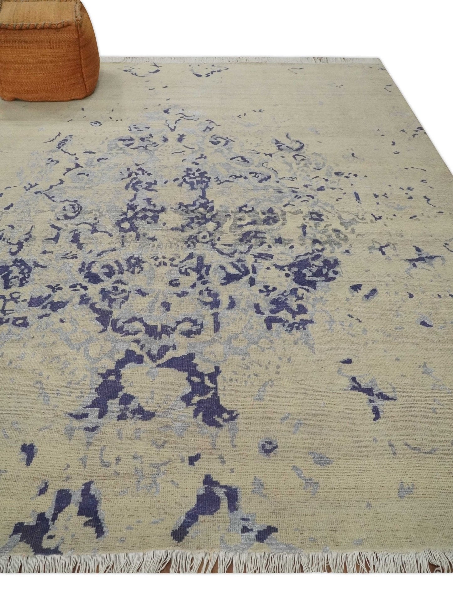 8x10 Beige, Blue and Silver Antique Style, Abstract Hand Knotted Low pile Wool Area Rug - Tampa Home & Garden Store